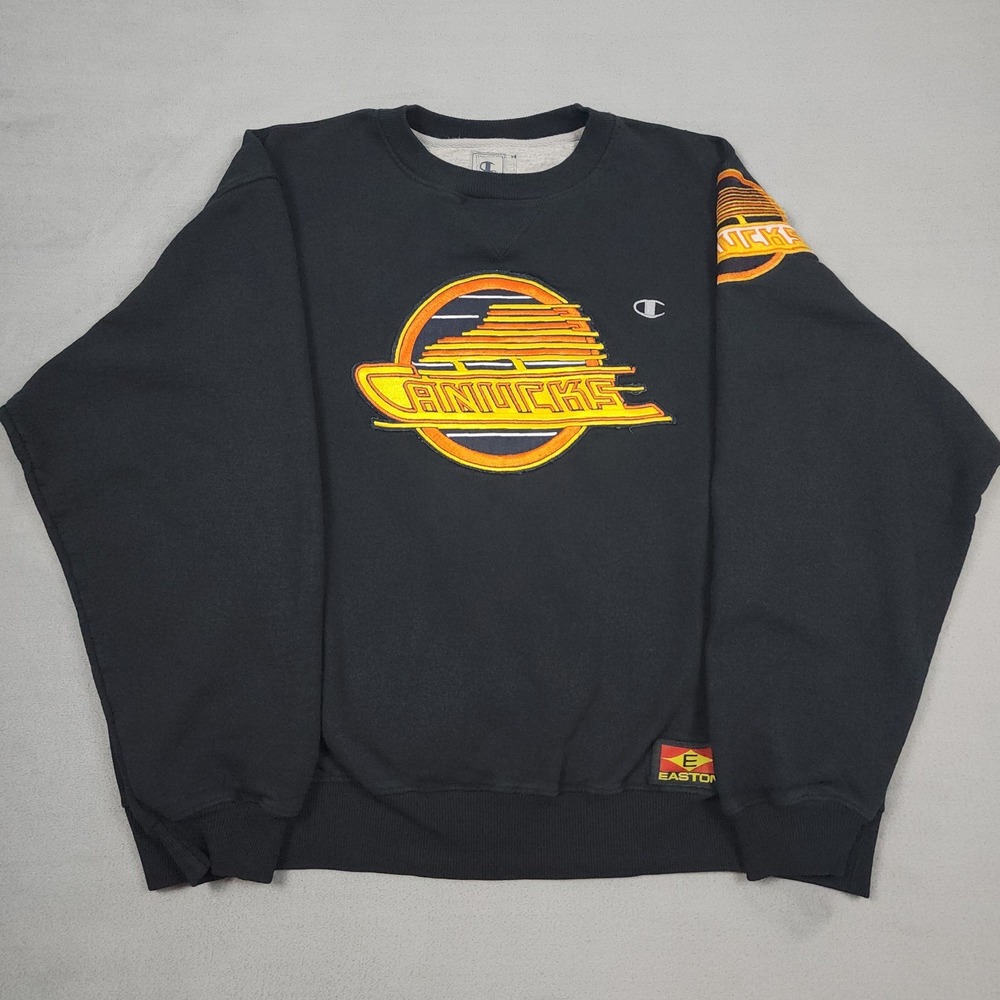Vintage 90s Vancouver Canucks Sweatshirt Mens XL Black Champion Easton NHL